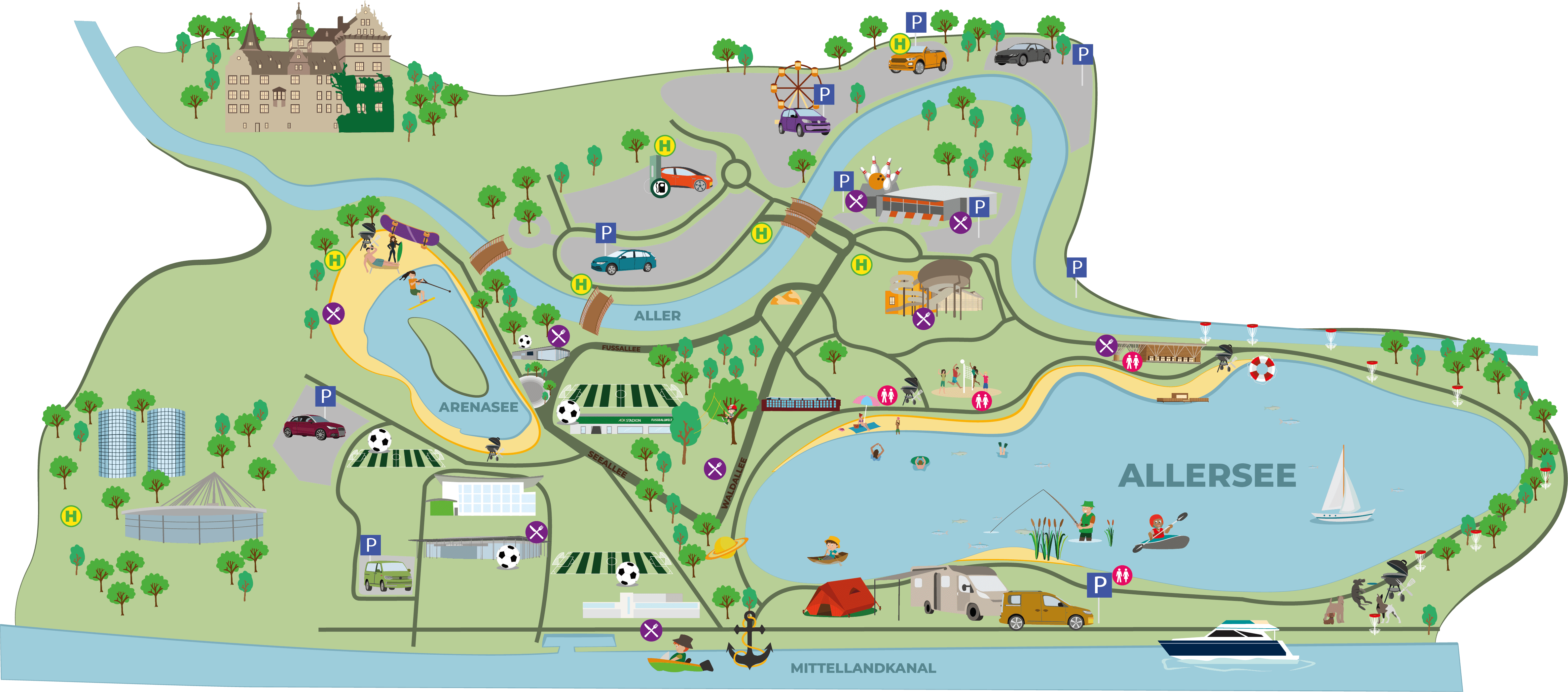 Übersichtskarte mit Standortinformationen zu den Allerpark POIs.