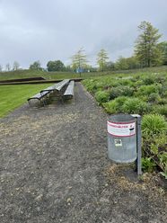 Grillplatz mit Tisch und Bänken sowie einem Aschebehälter, umgeben von grünen Flächen und Bäumen.