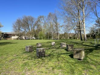 Grillplatz mit Sitzgelegenheiten, umgeben von Wiesen und Bäumen.
